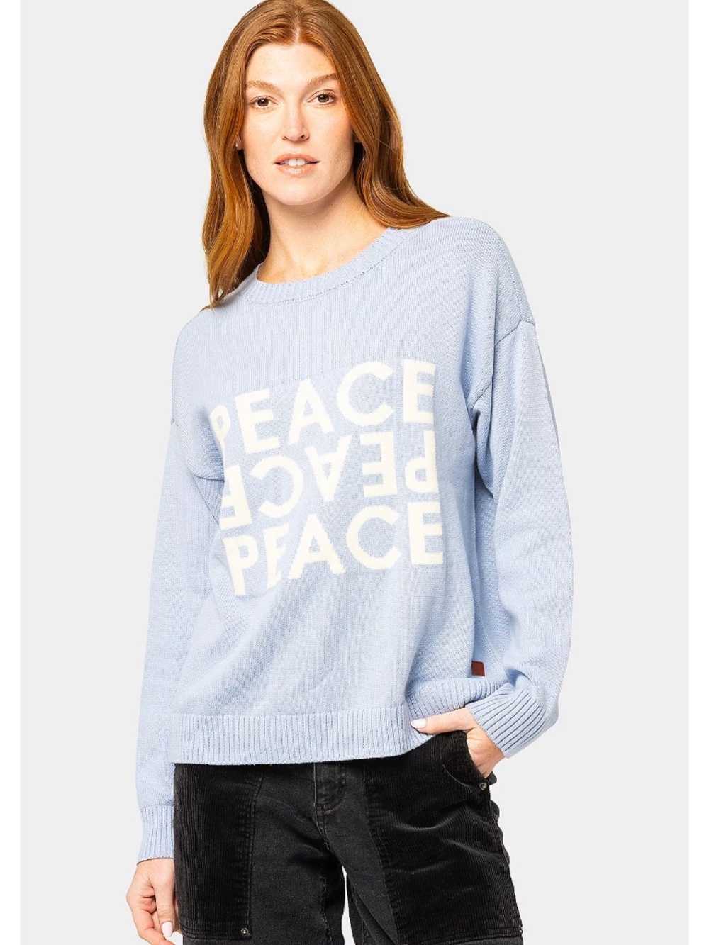 Peace Love World 100% Cotton Motif Crew Neck Sweater, Blue Sz XS a720519